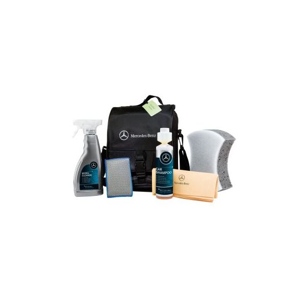 a211986010011 mercedes benz fahrzeug pflegeset kit exterieur felgenreiniger autoshampoo schwamm scheibenschwamm ledertuch umhängetasche mit logo a001986417111 a001986347116 